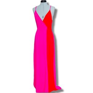 Dee Elly Pink and Red Colorblock Romantic Faux Wrap Dress
